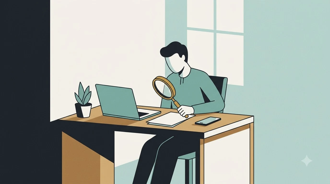 A person at a desk using a magnifying glass to examine a document near a laptop.