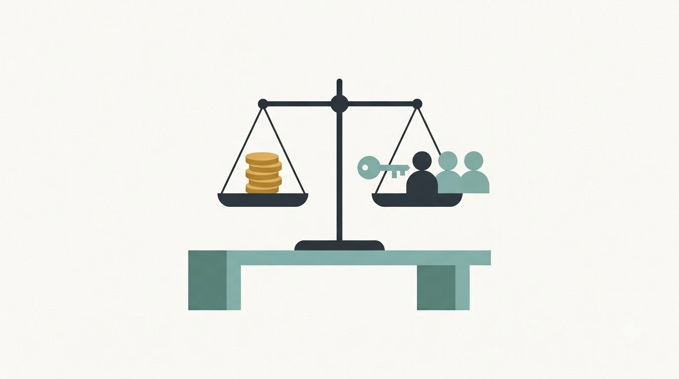 A balance scale weighing a stack of coins against a key connected to user silhouettes.