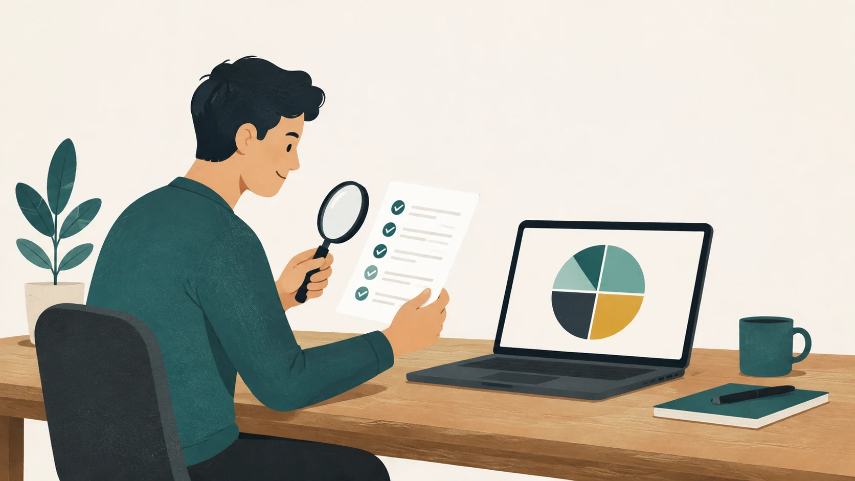 A person at a desk inspects a paper checklist with a magnifying glass beside a laptop.