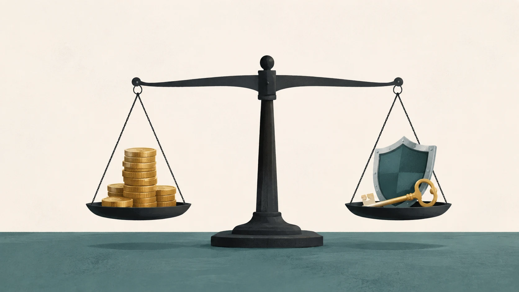 A balance scale compares a stack of coins to a shield and a key.