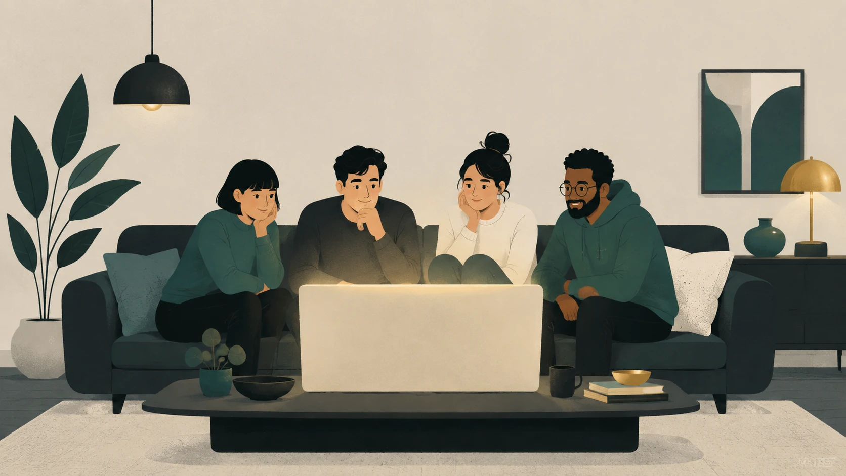 Four people sitting on a couch together, watching a single glowing screen on a table.