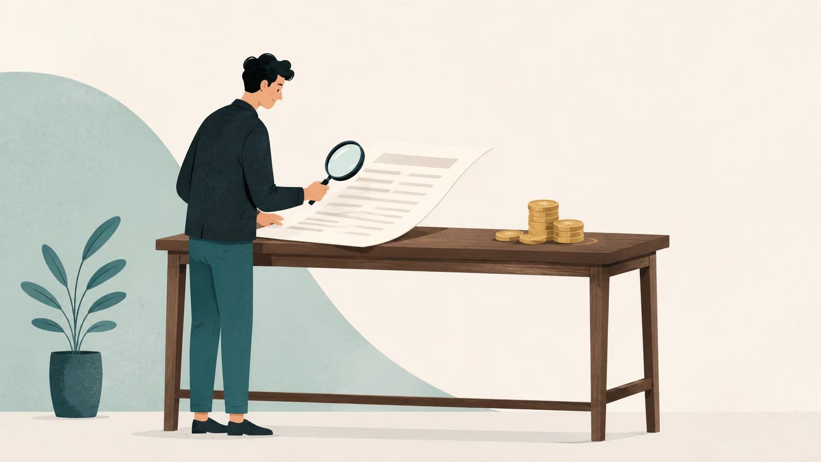 A person using a magnifying glass to review a paper document next to a stack of coins.