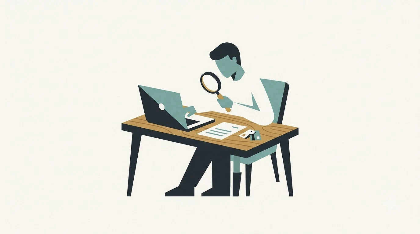 Illustration of a person examining a document with a magnifying glass at a desk with a laptop.