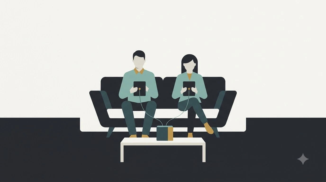 Two people on a couch holding devices connected to a shared central unit.