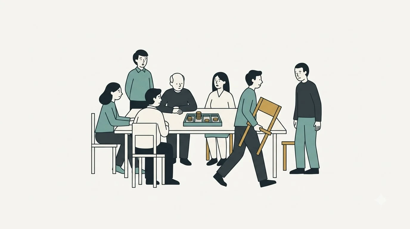 People share a table and coin tray as someone removes a chair, leaving another person standing.