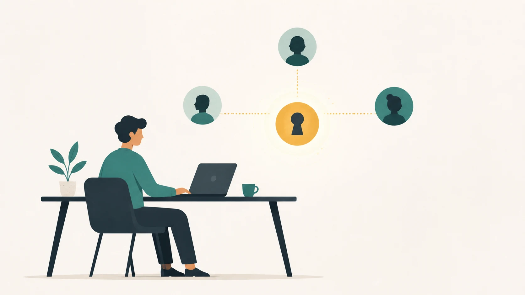 Illustration of a person at a laptop connected by lines to user profiles and a key symbol.