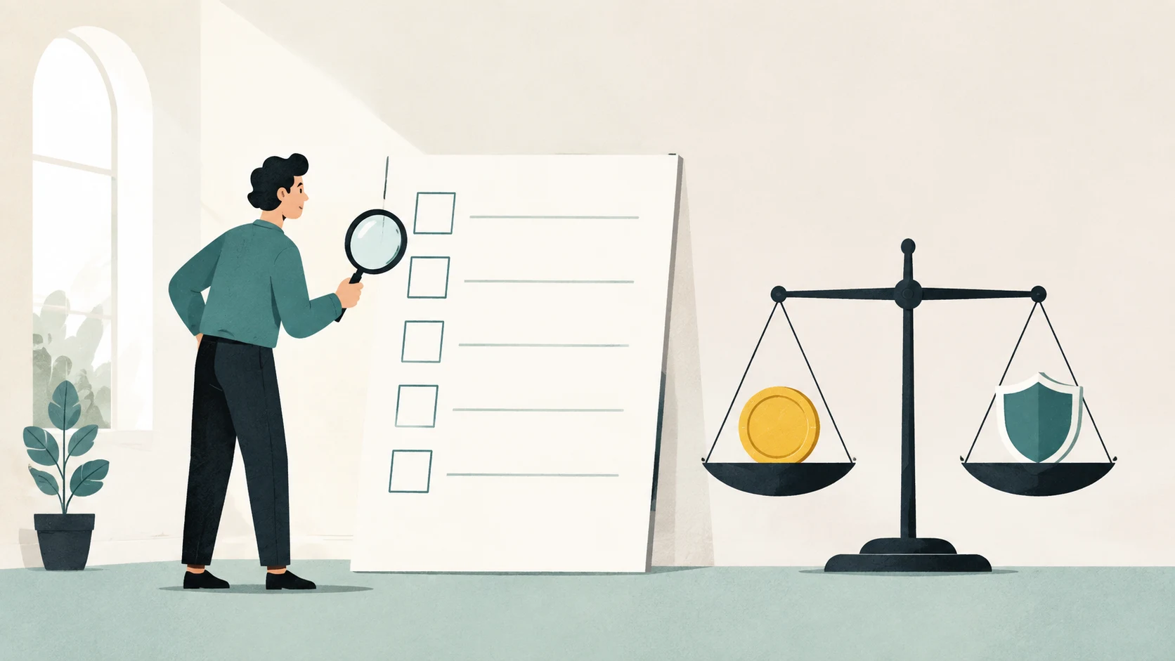 Illustration of a person inspecting a checklist with a magnifying glass near a balance scale.