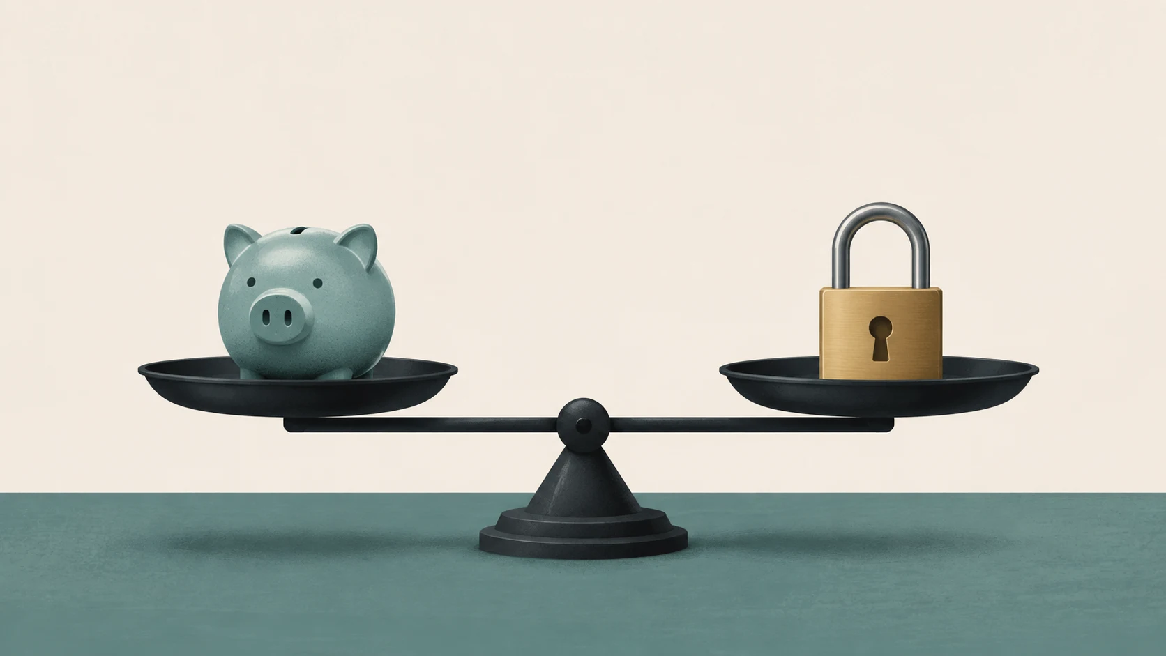 A balance scale weighing a small piggy bank against a metal padlock.