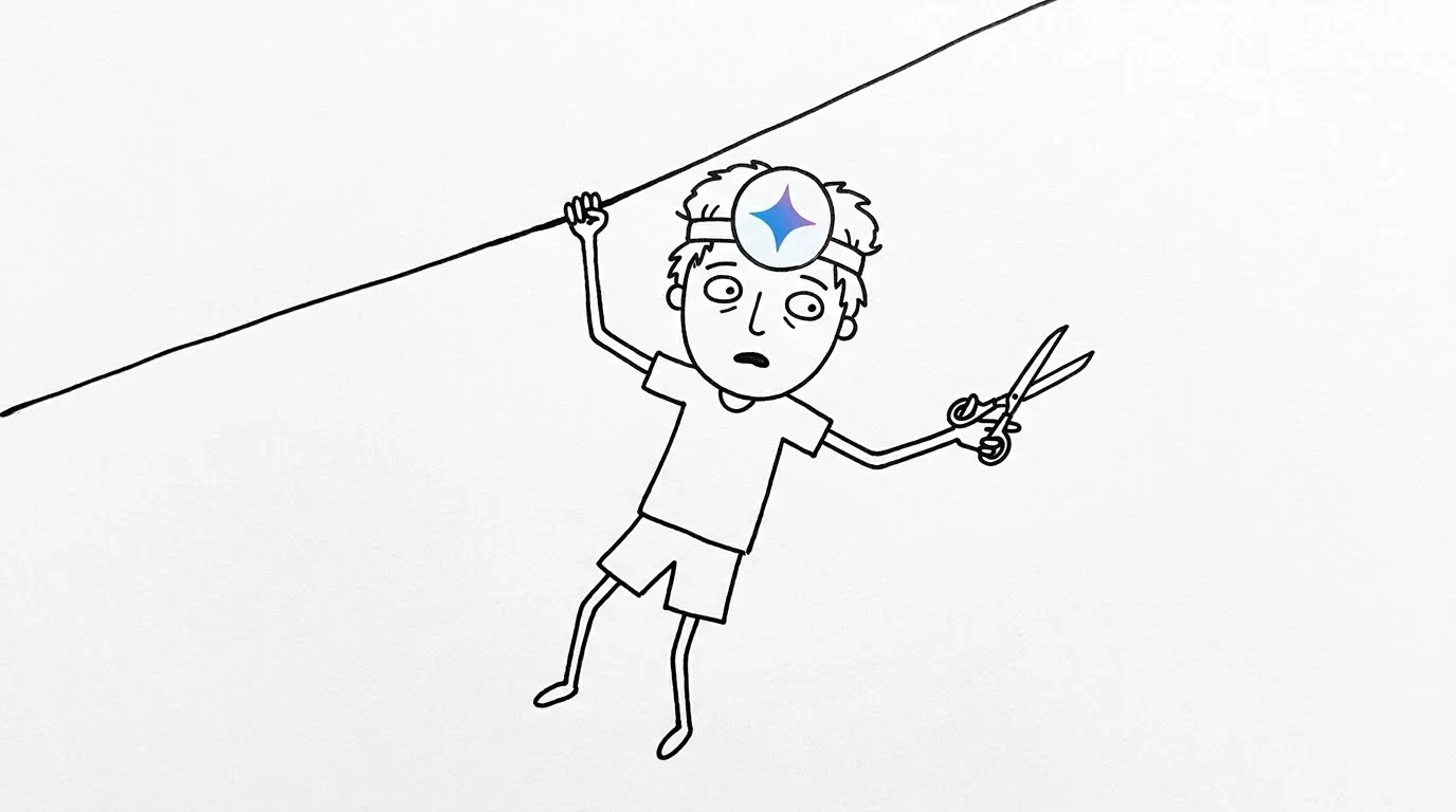 헝클어진 머리의 사람이 경계하는 표정으로 밧줄에 매달린 채 반대 손의 가위를 밧줄에서 멀리합니다.