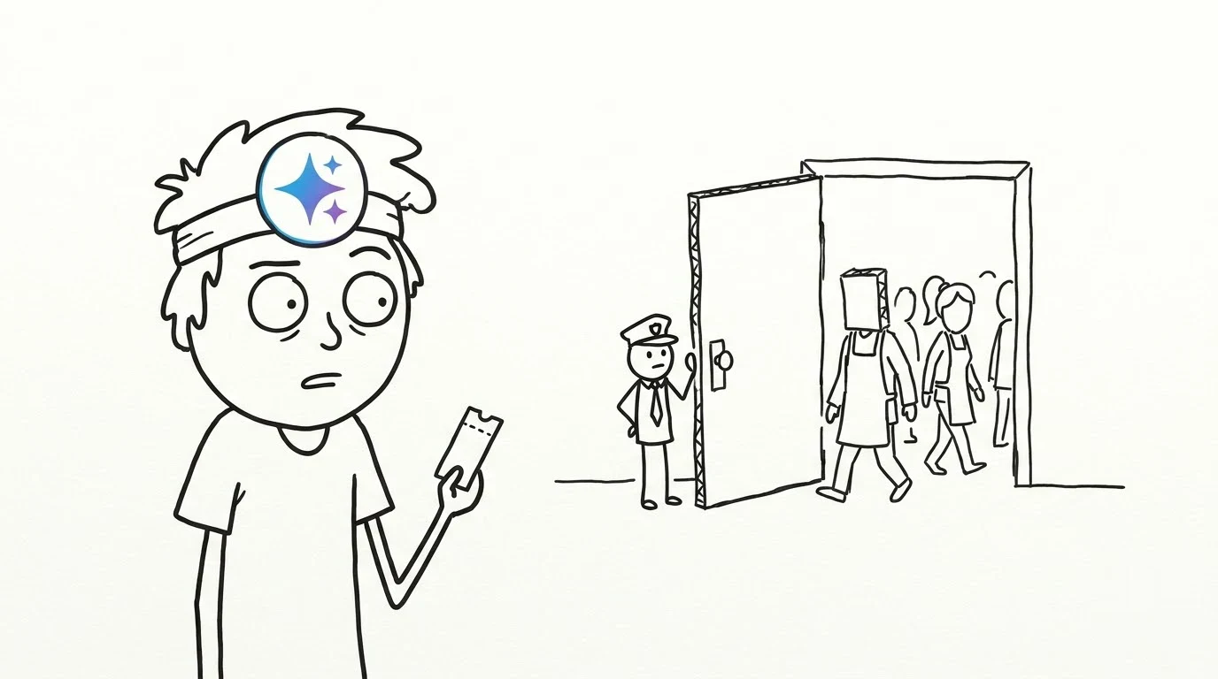 A confused person holding a ticket watches others walk past a small guard through a door.