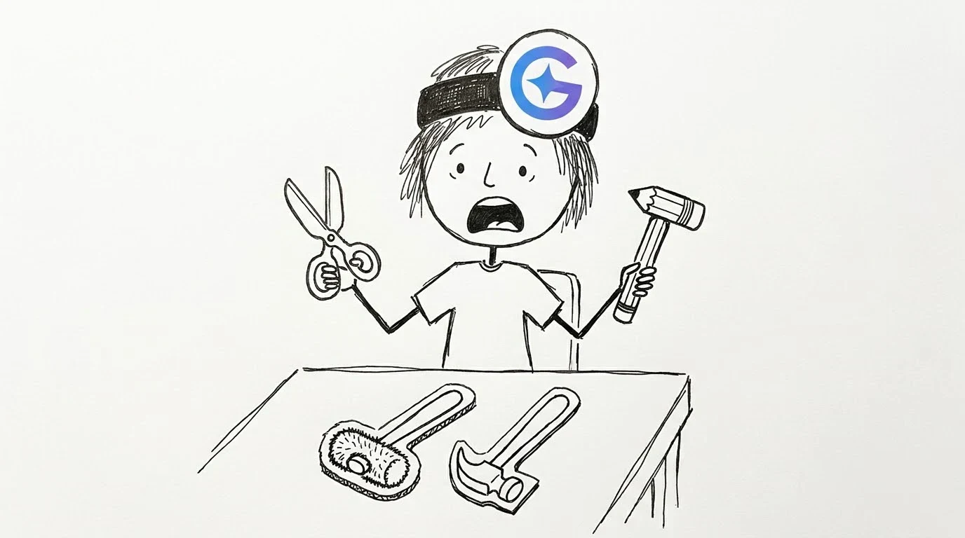 A shocked person looks at two hammers, one wrapped in a thick rubber cover and one bare.
