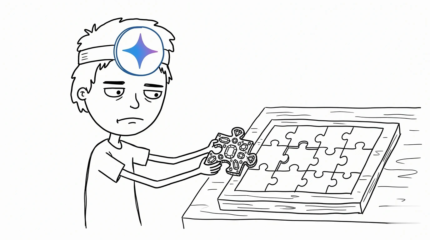 헝클어진 머리의 사람이 실망한 표정으로 보석 장식 퍼즐 조각을 나무 퍼즐판의 맞지 않는 빈칸에 끼우려 합니다.