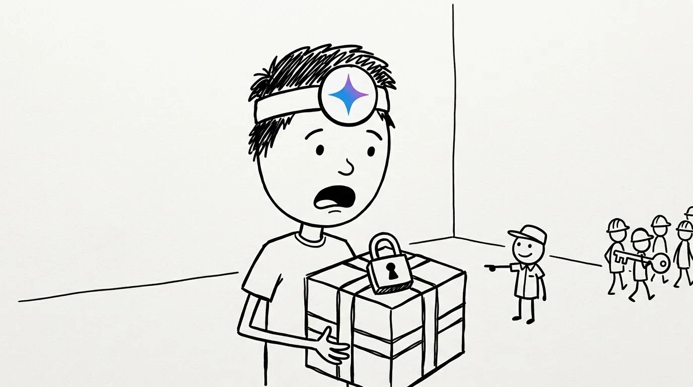 자물쇠 달린 큰 선물 상자를 든 사람이 열쇠를 가져가는 사람들을 보며 놀라 서 있는 그림입니다.