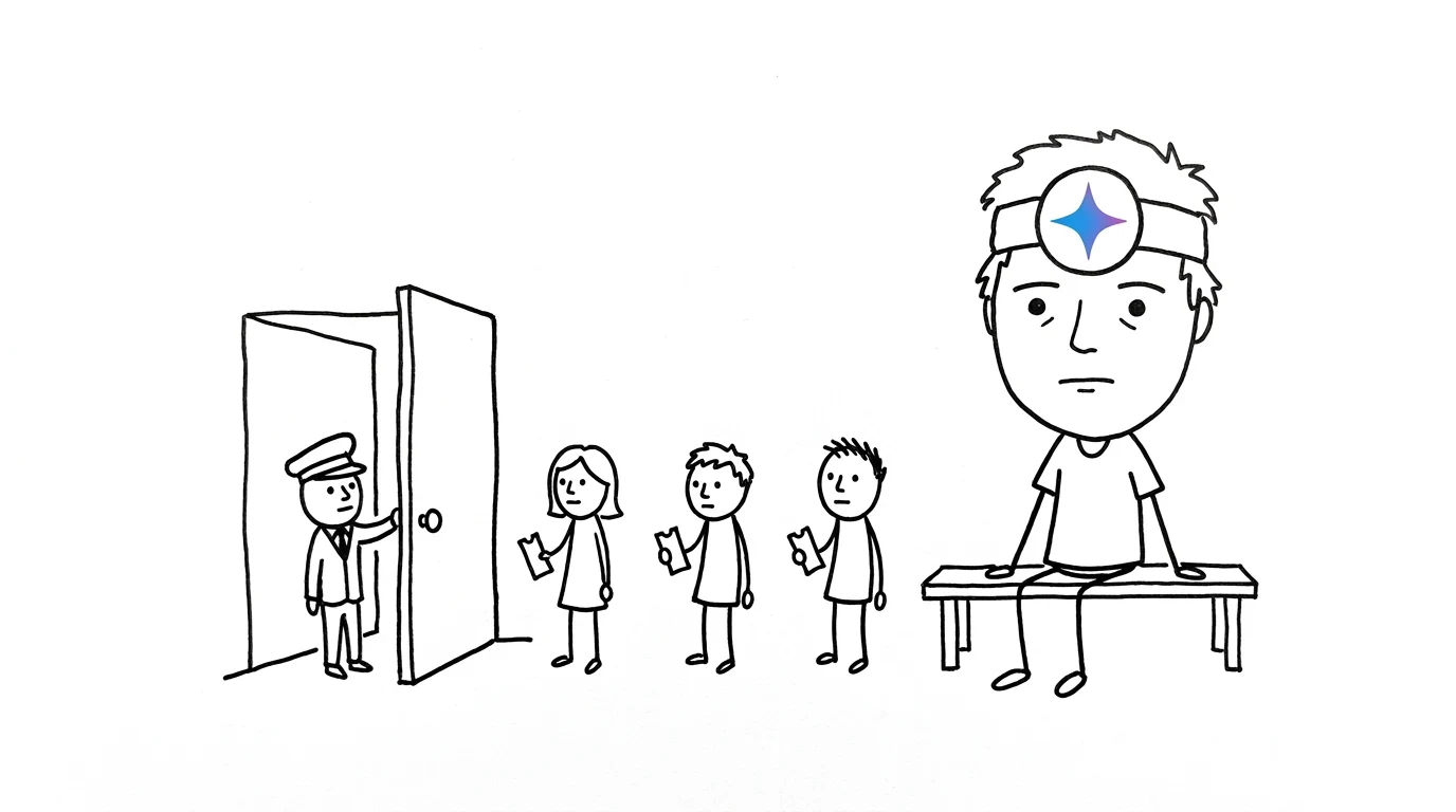 작은 줄의 맨 끝 벤치에 앉은 사람이 앞사람부터 문이 열리는 모습을 지켜보는 그림입니다.