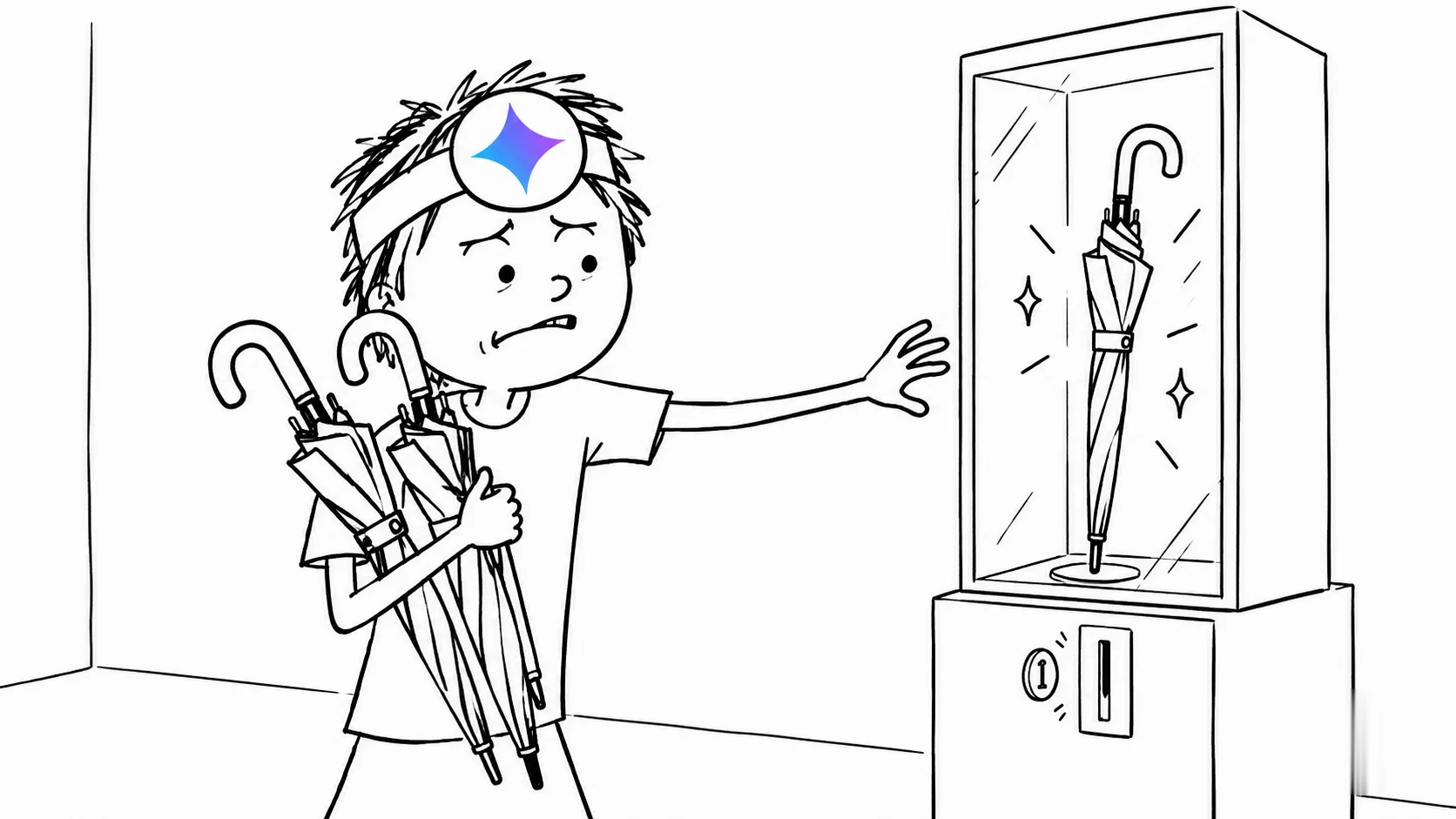 헝클어진 머리의 사람이 우산 두 개를 안고 동전 투입구 뒤의 새 우산을 향해 손을 뻗습니다.