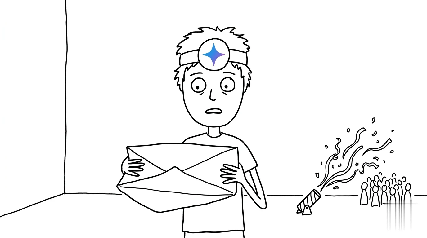빈 초대장 봉투를 거꾸로 들고 놀란 사람 옆에서 색종이가 멀리 있는 사람들에게만 날아갑니다.