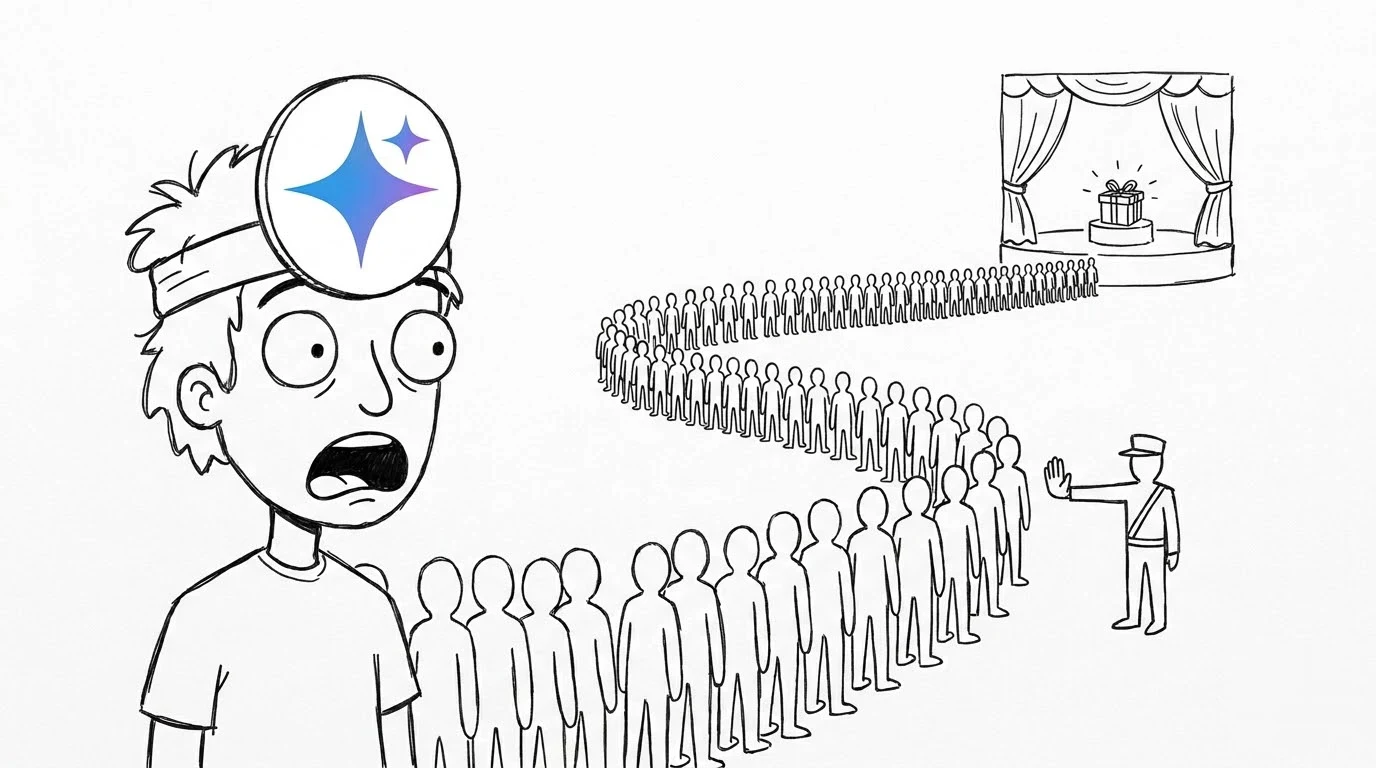 A shocked person stands at the back of a long line waiting for a gift box far ahead on a stage.
