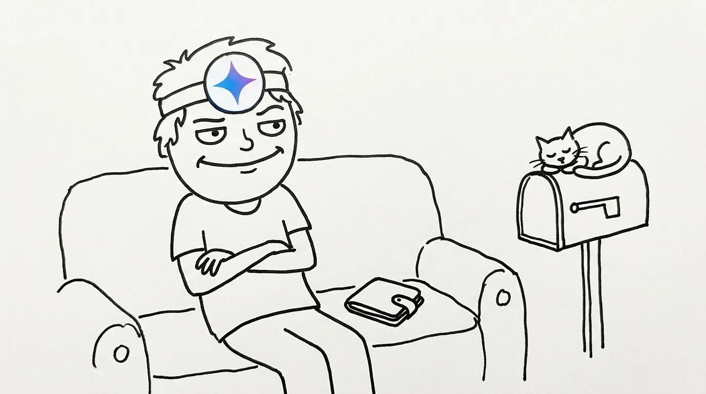 A smug person keeps a wallet closed on a couch next to an empty, shut mailbox with a cat on it.