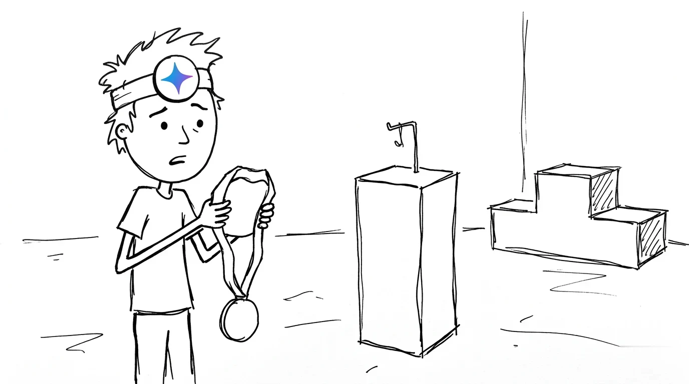A baffled person holds a paper medal beside an empty pedestal where a product should be.