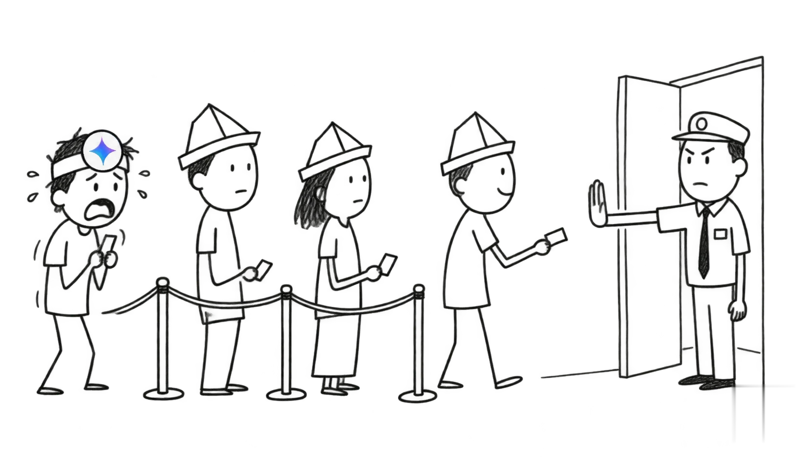 A panicking person waits at the back of a rope line while a guard admits only the first person.