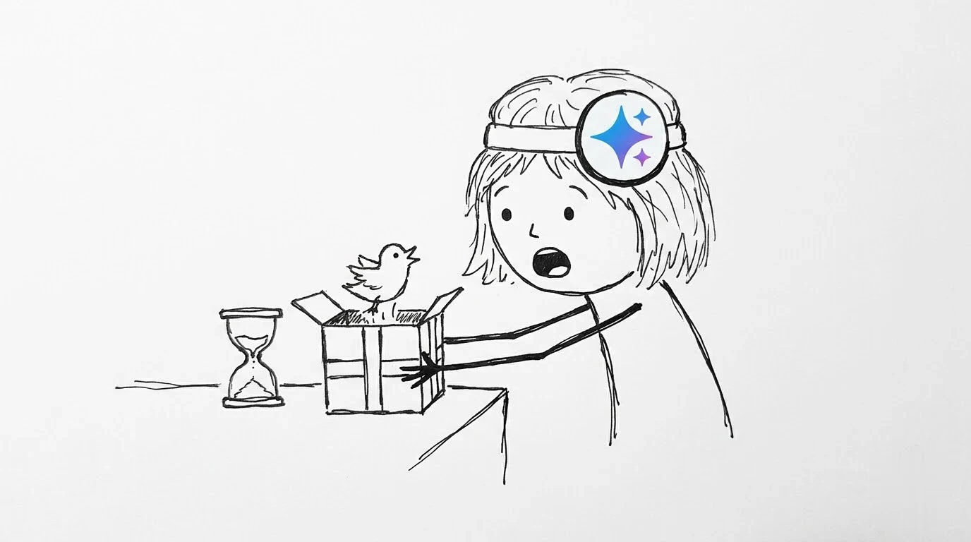 헝클어진 머리의 사람이 선물 상자에서 나온 작은 새와 모래시계를 보고 놀랍니다.