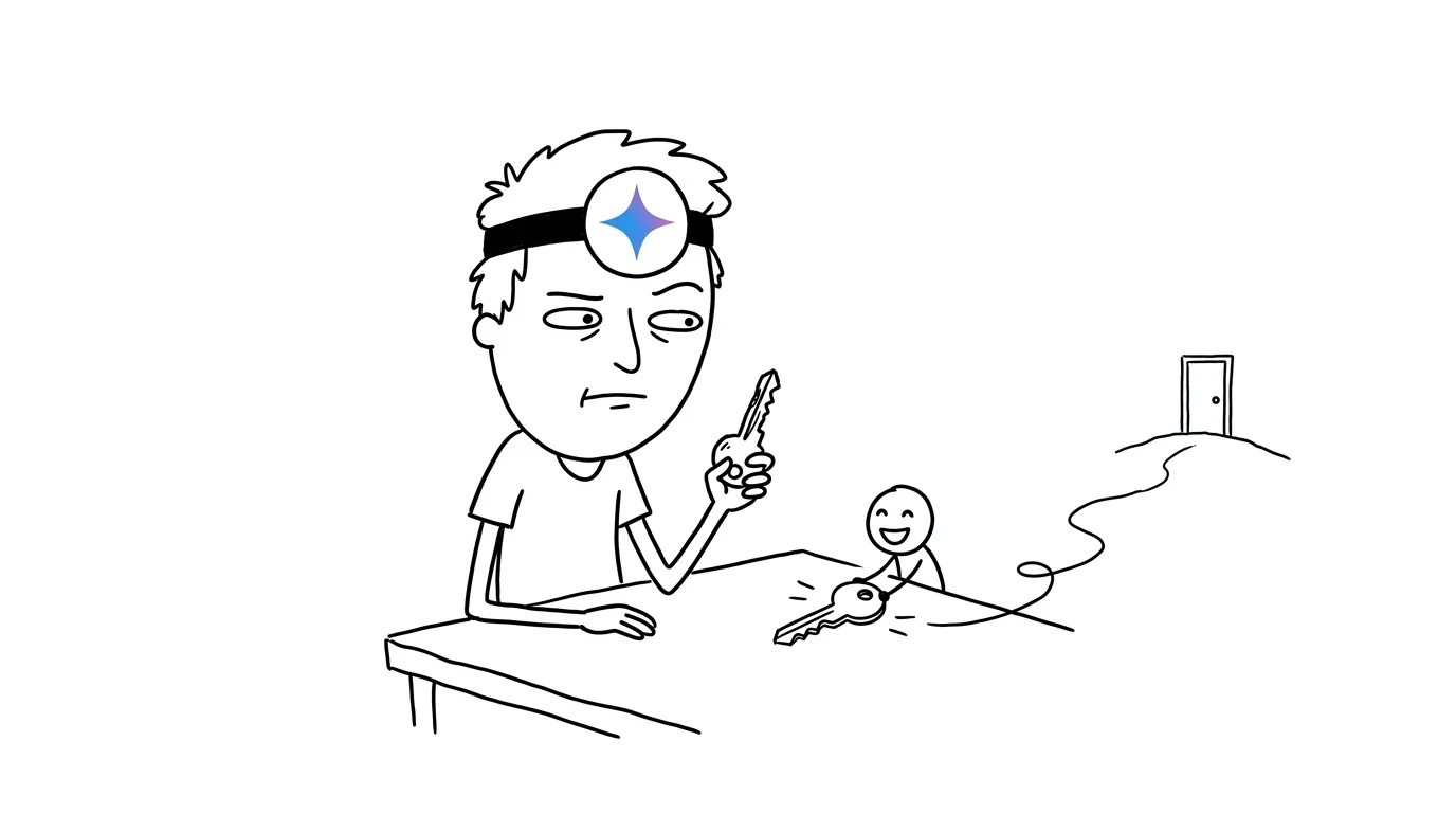 낡은 열쇠를 쥔 사람이 멀리 있는 문의 새 열쇠를 건네받고 의심스러운 표정을 짓고 있습니다.