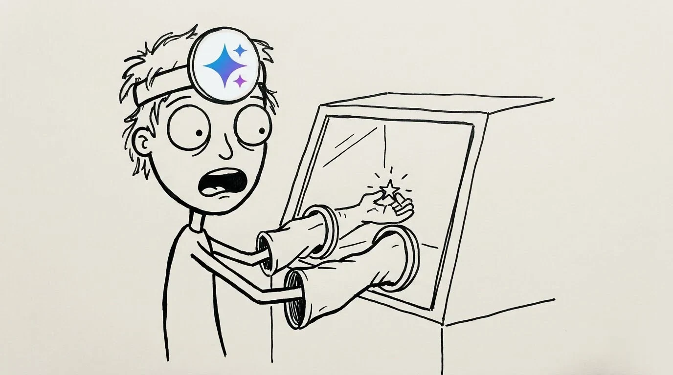 A messy-haired person uses a sealed laboratory glovebox to cradle a tiny glowing star.