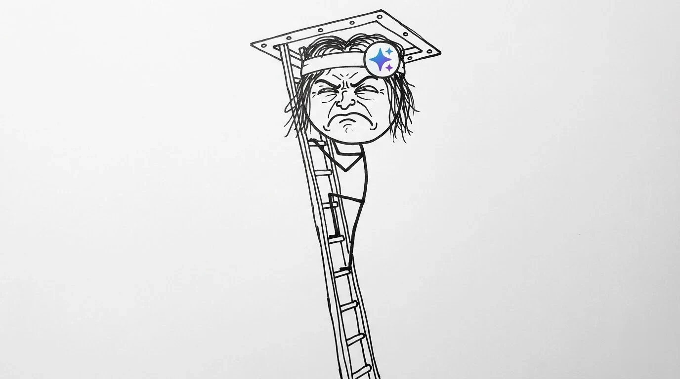 A messy-haired person atop a tall ladder presses their head against a bolted ceiling hatch.