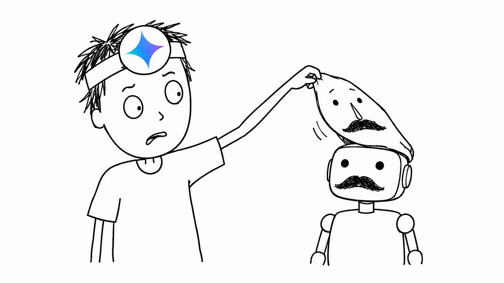 헝클어진 머리의 사람이 당황한 표정으로 로봇의 가면을 들자 똑같은 가짜 콧수염이 나타납니다.