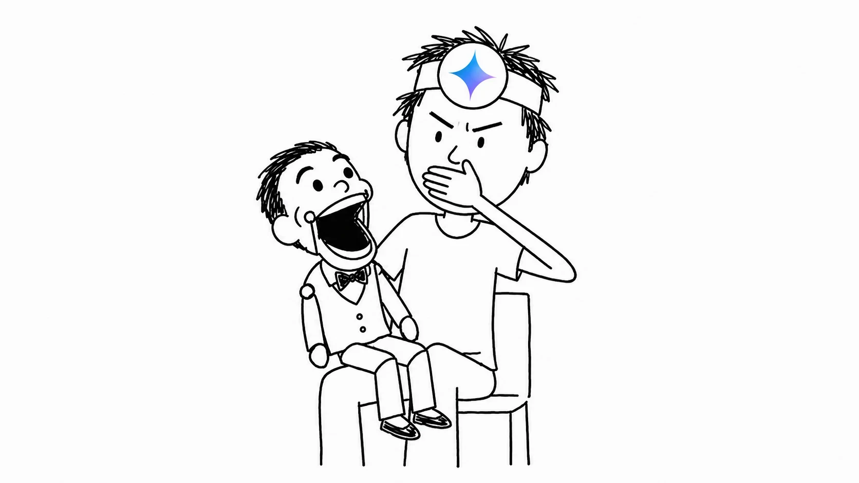 헝클어진 머리의 사람이 억울한 표정으로 자기 입을 막고 있으며, 무릎 위 복화술 인형은 입을 크게 벌리고 있습니다.