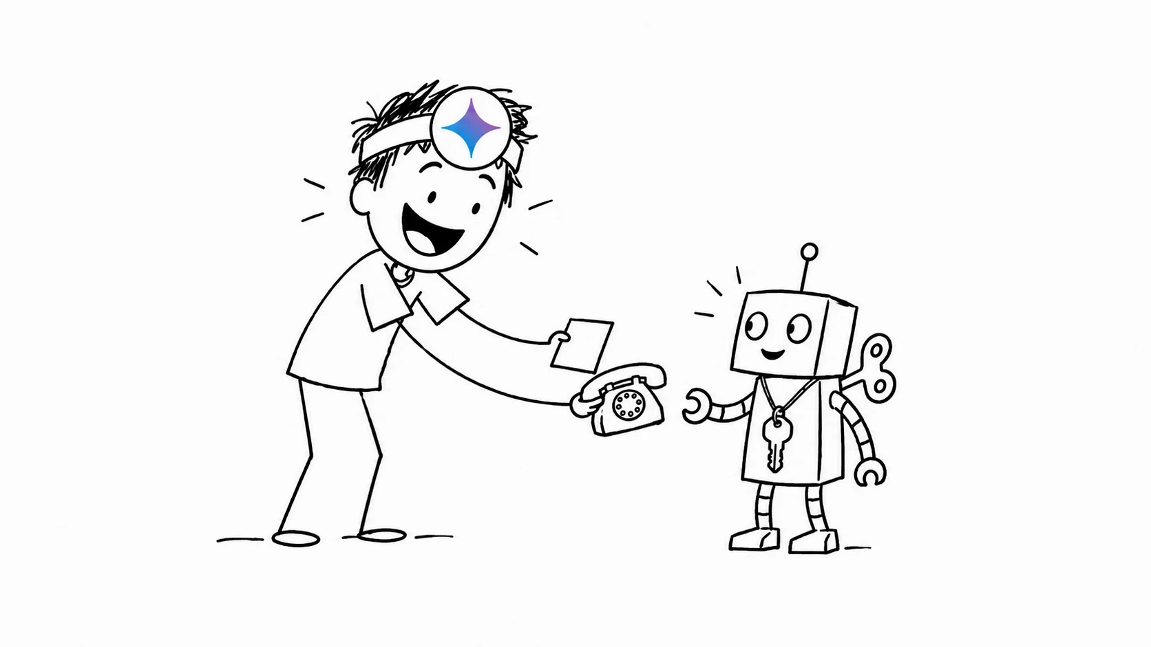 A person happily hands a small robot a toy phone and their own house key to run an errand.