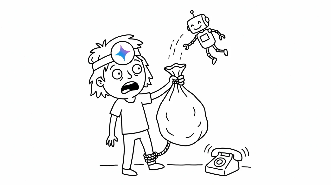 A shocked person is weighed down by a heavy sack that a small cheerful robot has dropped on them.