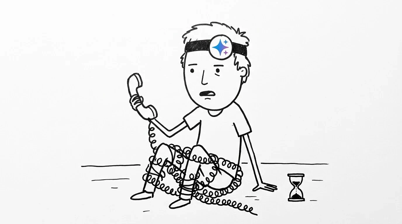 A baffled person sits tangled in a phone cord holding a receiver while an hourglass runs out beside them.