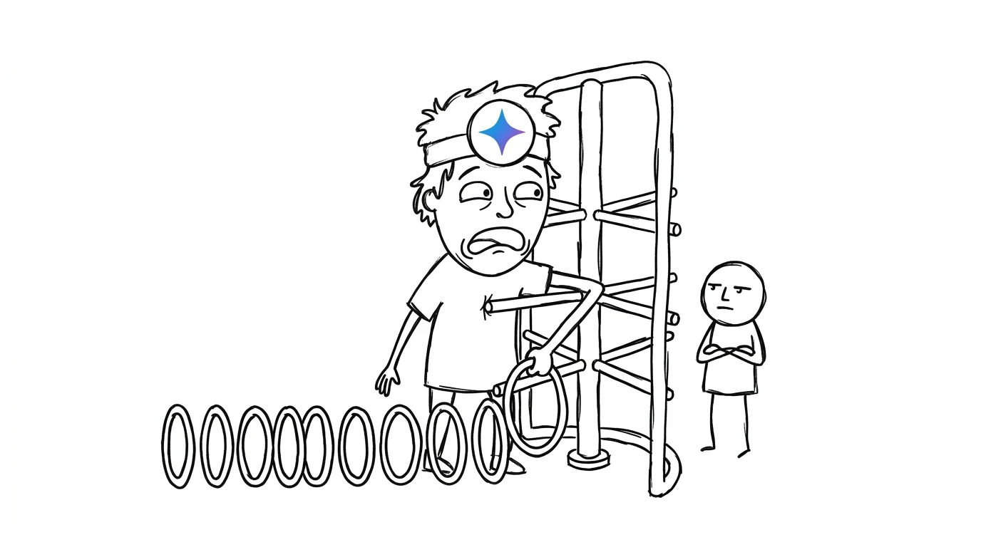 A panicking person tries to squeeze through a narrow turnstile while a bored gatekeeper shakes its head.