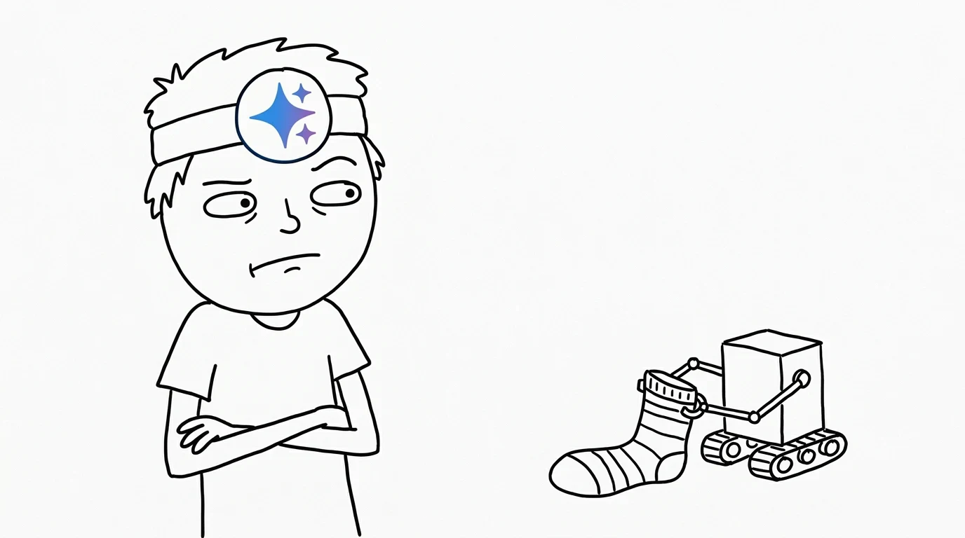 A skeptical person with messy hair watches a tiny robot fold an enormous sock.