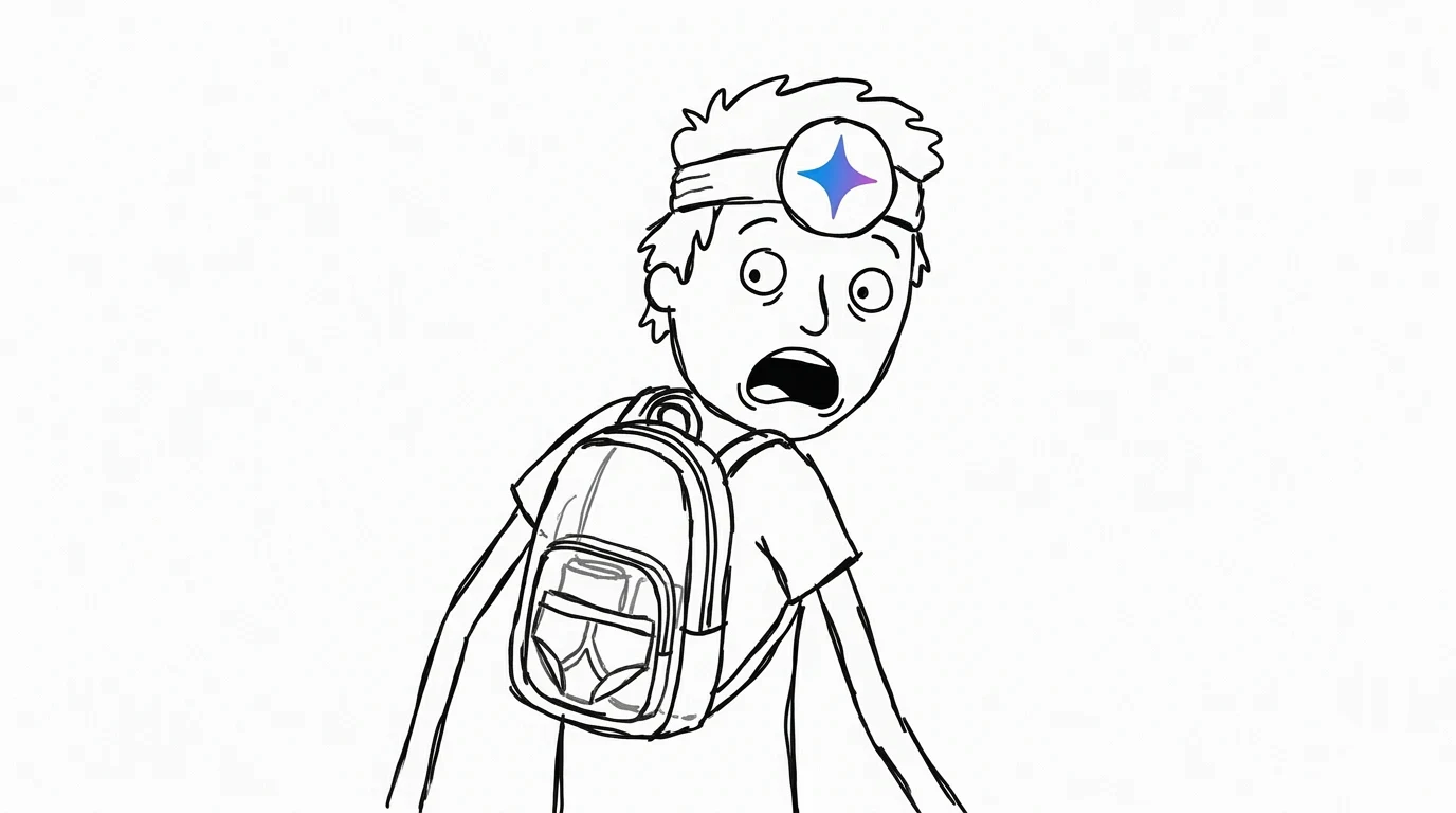 A shocked person with messy hair looks back at underwear exposed inside their transparent backpack.