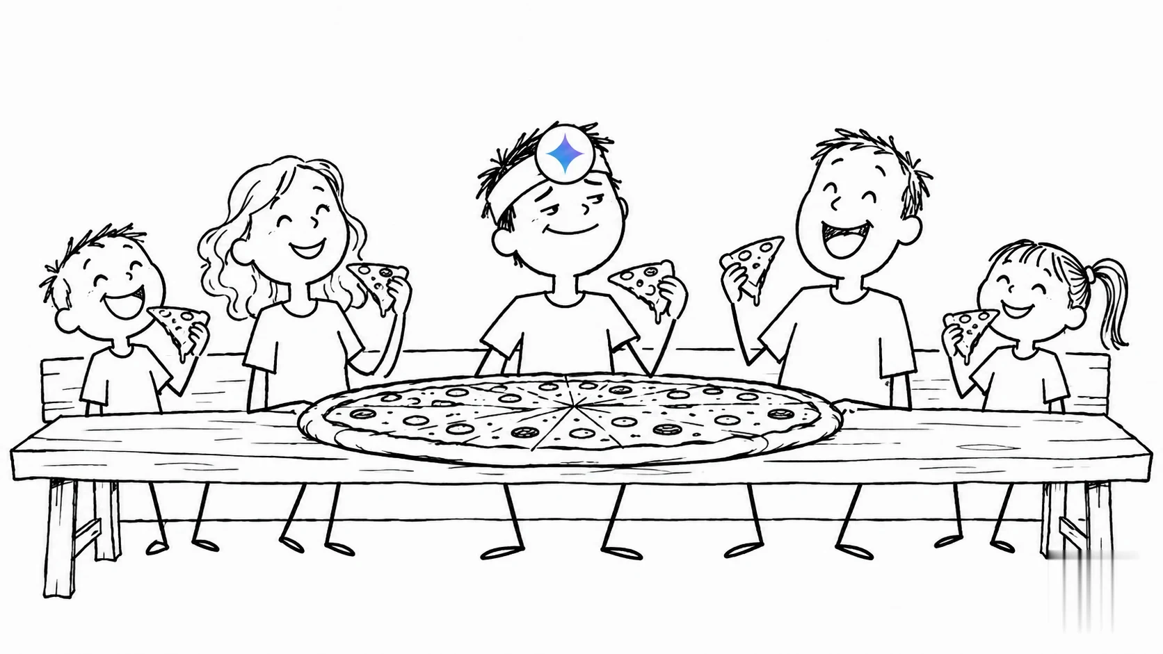 A person with messy hair sits on a bench with family, sharing an oversized pizza.
