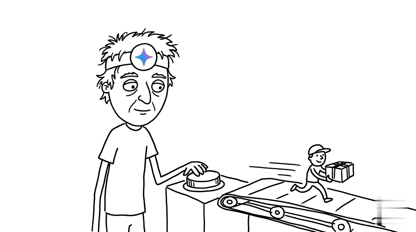 A delighted person presses a big red button while a tiny courier rides a conveyor belt away with a parcel.
