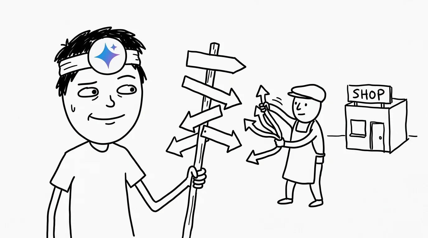 A person holds a signpost with many arrows while a tiny shopkeeper bends every arrow toward one small shop.