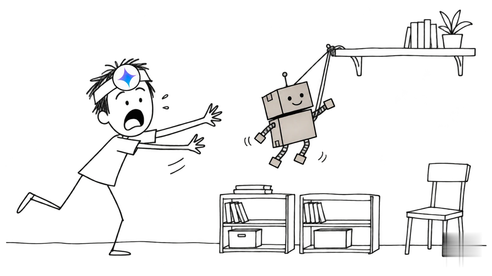 A shocked person watches a small robot being moved from two low shelves to a high shelf.