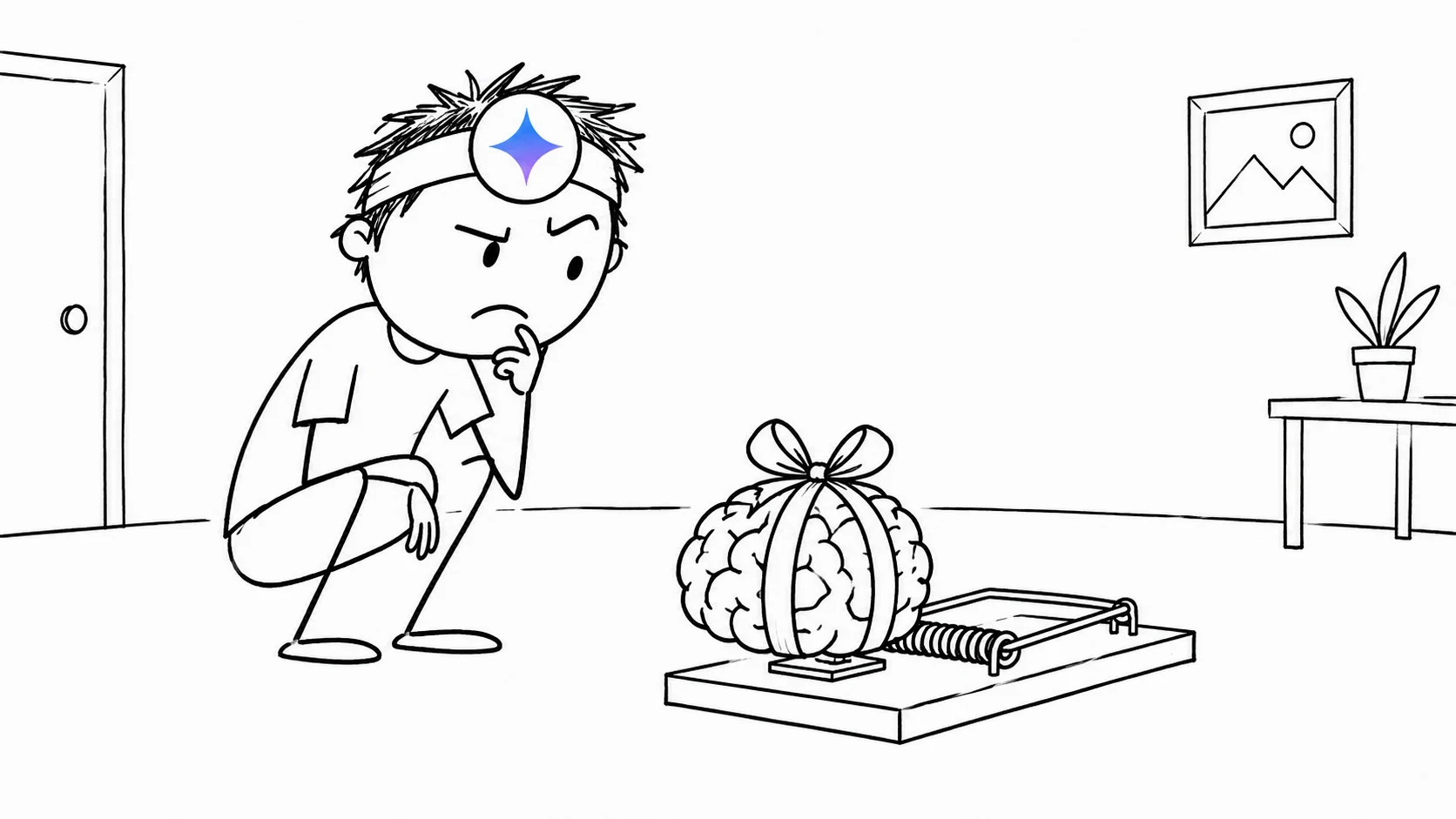A skeptical person inspects a gift-wrapped cardboard brain sitting on a mousetrap.