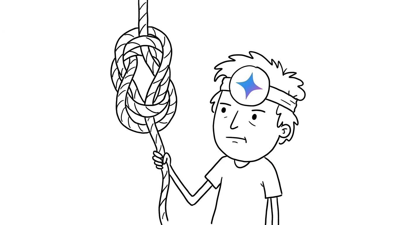 헝클어진 머리의 사람이 결연한 표정으로 머리 위까지 솟은 거대한 밧줄 매듭을 풀려고 합니다.