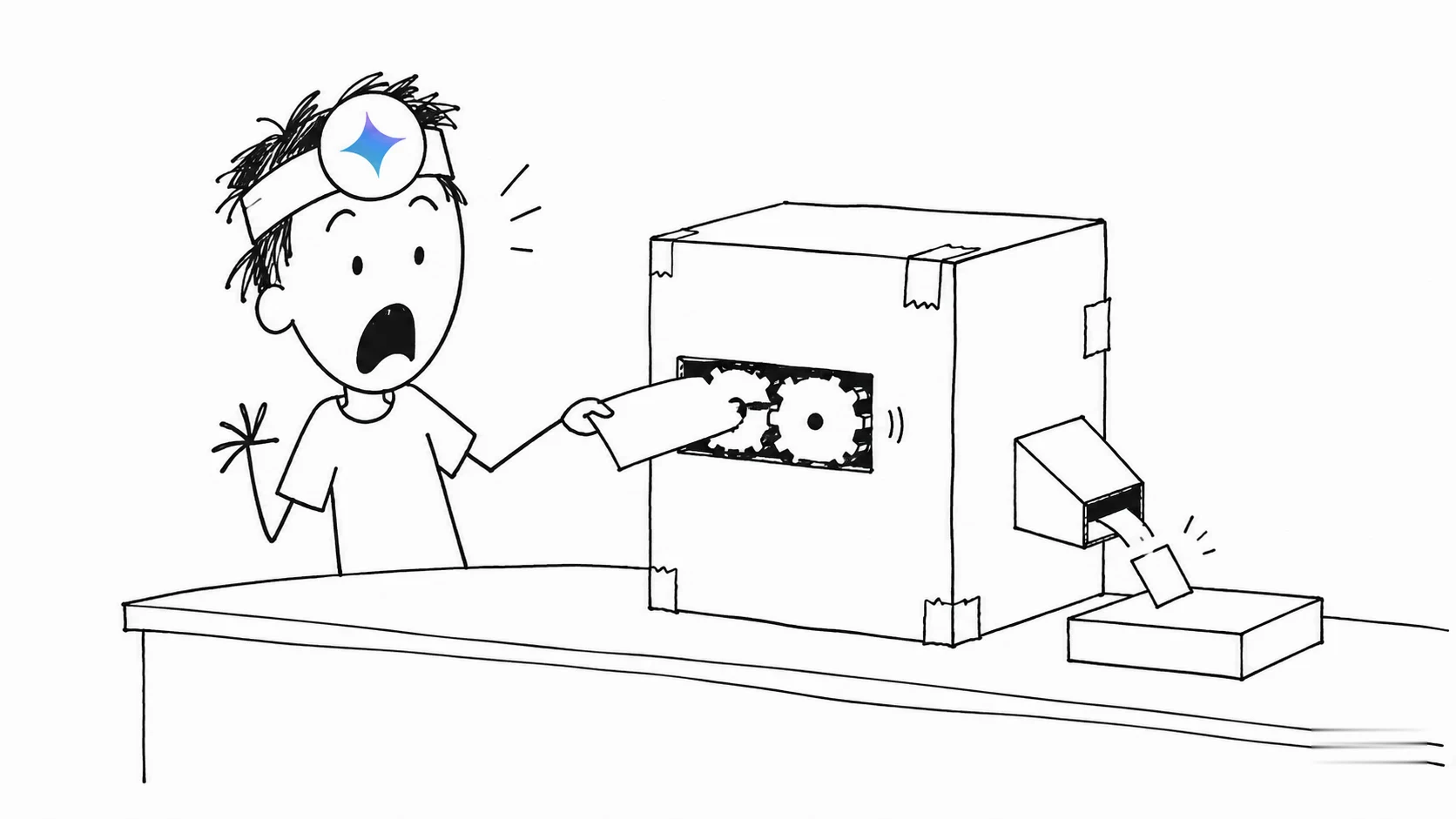 A shocked person watches a sorting machine choose where their question goes.