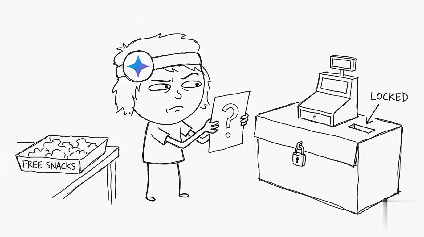 A skeptical person compares a free tray with a locked checkout counter.