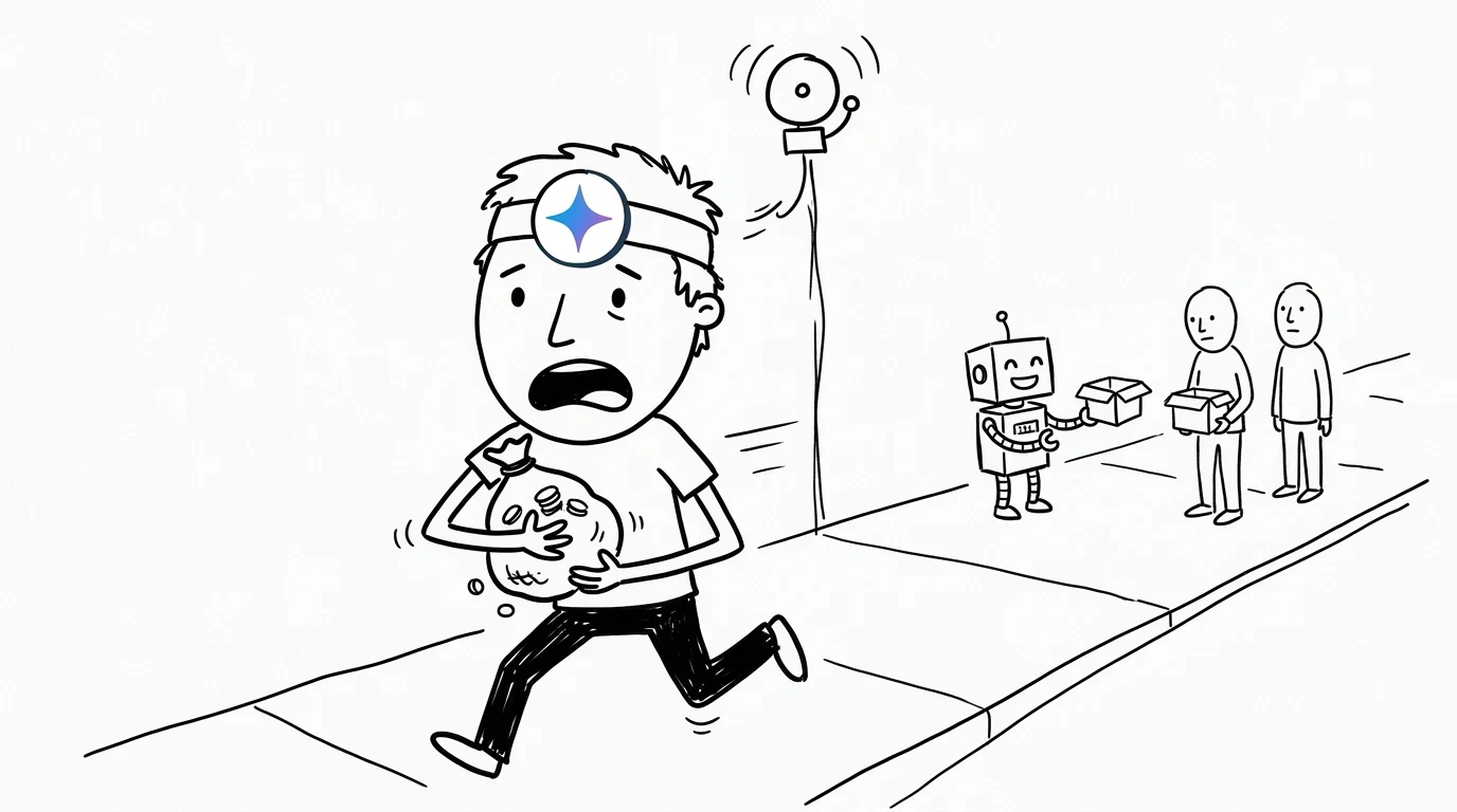 A panicking person runs with a bag of coins while calm strangers receive empty boxes from a small robot.