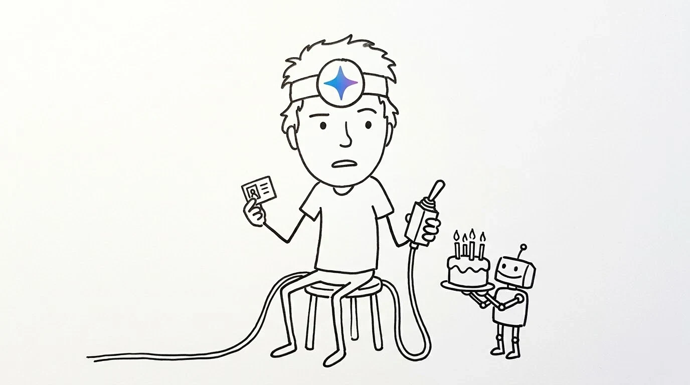 A baffled person holds an ID card and a toggle switch while a tiny robot waits with a birthday cake.