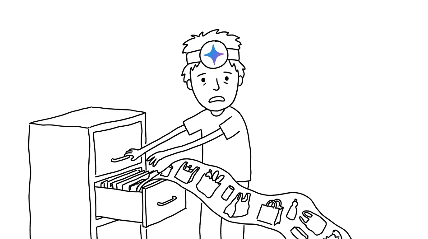 An alarmed person tries to close a filing cabinet overflowing with a strip of shopping pictures.