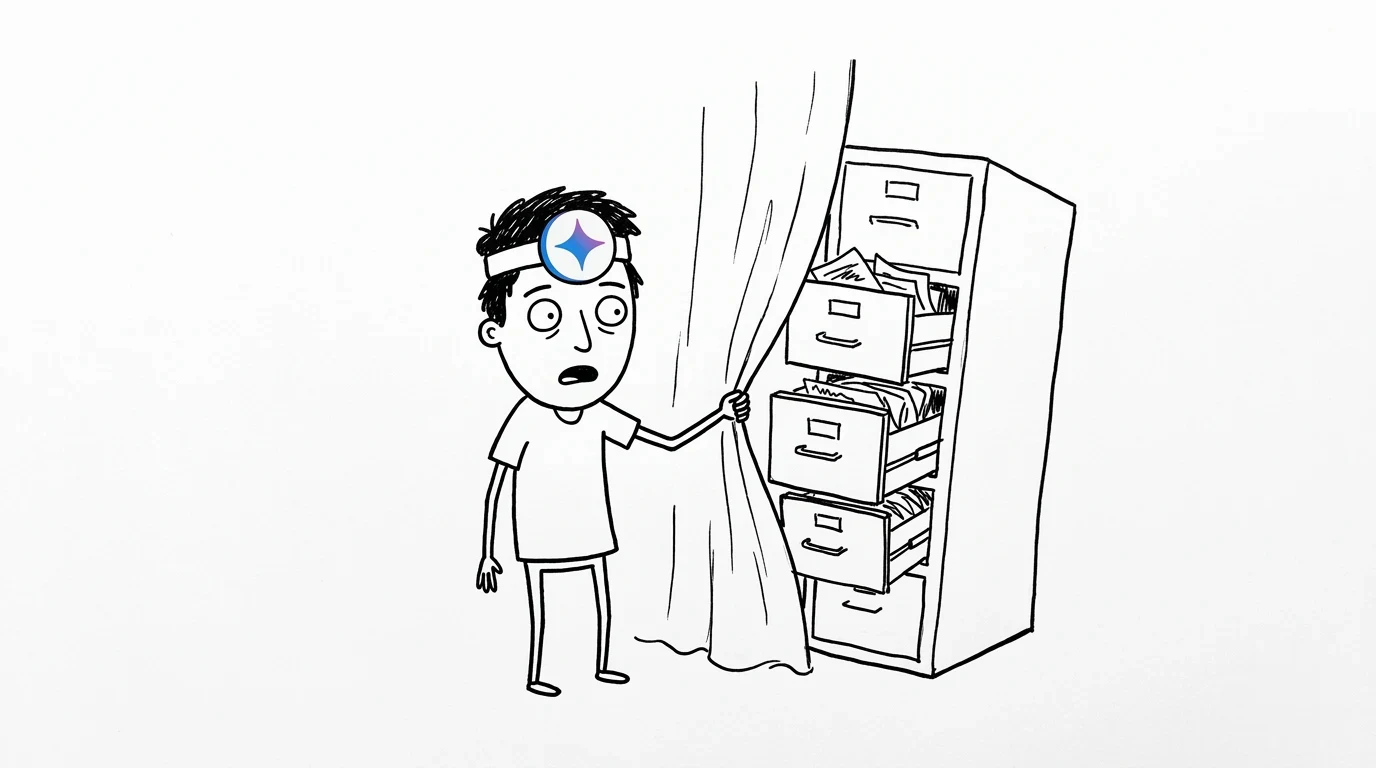 A shocked person pulls aside a theatrical curtain to reveal a filing cabinet with forced-open drawers.