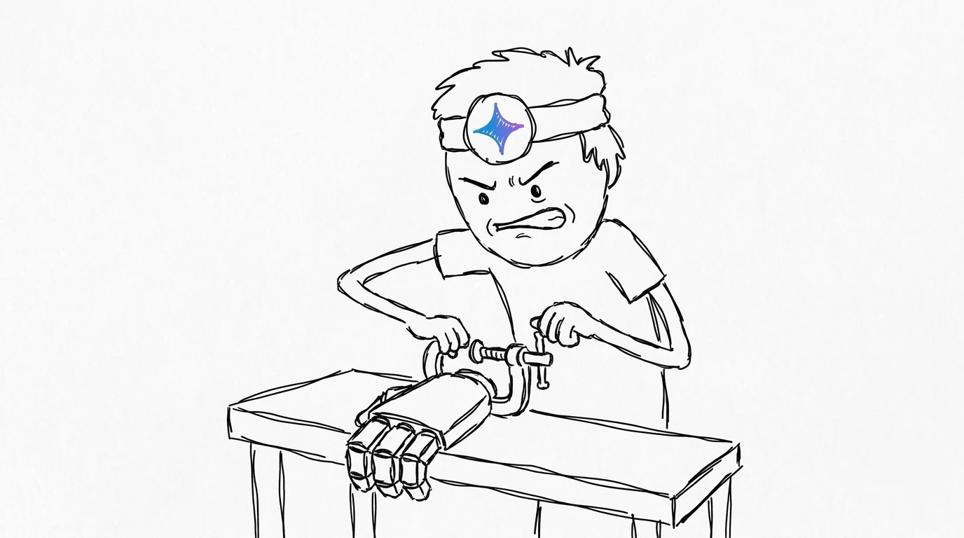 A determined person clamps an oversized mechanical hand to a table as its fingers reach past the edge.