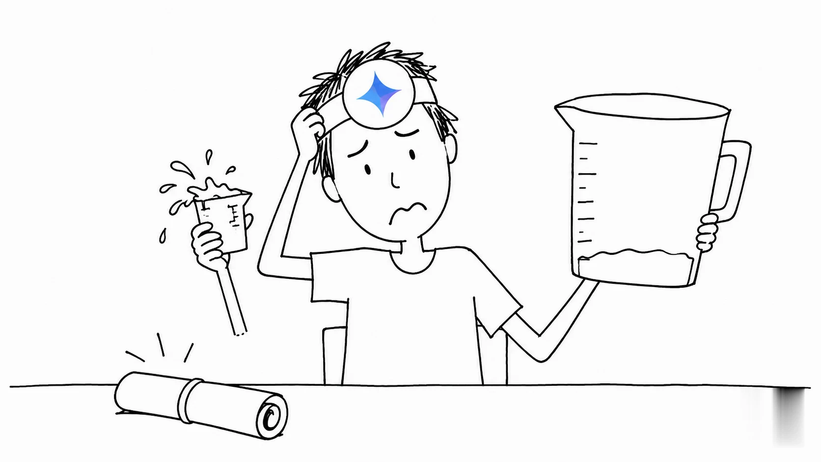작은 병은 넘치고 큰 병은 조금만 찬 것을 비교하며 고개를 갸웃하는 사람이 이력서 옆에 앉아 있는 그림입니다.